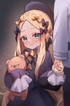  1boy 1girl abigail_williams_(fate) black_bow black_dress black_headwear blonde_hair blue_eyes blush bow breasts chaldea_uniform command_spell dress fate/grand_order fate_(series) forehead fujimaru_ritsuka_(male) hair_bow hat highres holding_hands long_hair long_sleeves looking_at_viewer miya_(miyaruta) multiple_hair_bows orange_bow parted_bangs ribbed_dress small_breasts stuffed_animal stuffed_toy teddy_bear 