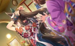  2girls adjusting_hair admire_vega_(lucky_star_in_the_sky)_(umamusume) admire_vega_(umamusume) animal_ears aqua_hakama arm_warmers artist_request back_ribbon black_arm_warmers black_wrist_cuffs blurry blurry_foreground brown_hair cowboy_shot dressing_room dutch_angle ear_covers ear_ornament eyelashes floral_print flower frilled_wrist_cuffs frills from_behind game_cg hakama hakama_skirt highres horse_ears horse_tail indoors japanese_clothes kimono lace-trimmed_kimono lace-trimmed_sleeves lace_arm_warmers lace_trim light_particles long_hair long_sleeves meisho_doto_(padding_sores_should_she_go_flying)_(umamusume) meisho_doto_(umamusume) multiple_girls official_alternate_costume official_art parted_lips pointy_nose ponytail print_kimono purple_kimono red_flower ribbon short_hair single_ear_cover skirt sparkle tail third-party_source umamusume vase very_long_hair violet_eyes wavy_hair white_flower white_hakama white_kimono white_ribbon wide_sleeves wrist_cuffs yellow_ribbon 