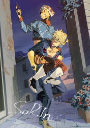  1other 2boys absurdres blonde_hair blue_eyes carrying carrying_person commentary dated_commentary flower giorno_giovanna gold_experience guido_mista gun highres holding holding_gun holding_weapon jojo_no_kimyou_na_bouken ladybug_ornament multiple_boys one_eye_closed revolver ssyoukyo_sori teeth vento_aureo weapon 