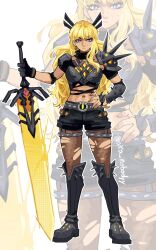  1girl aka_nobodyy armor blonde_hair cleavage_cutout clothing_cutout elbow_spikes highres holding holding_sword holding_weapon huge_weapon magik_(x-men) marvel marvel_rivals pauldrons punk shoulder_armor shoulder_spikes spiked_pauldrons spiked_thigh_strap spikes superhero_costume sword weapon x-men 