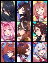  6+girls agnes_digital_(full-color_fangirling)_(umamusume) agnes_digital_(umamusume) ahoge animal_ears ascot bag bare_shoulders black_coat black_hair black_jacket blue_eyes blue_flower blue_hairband blue_jacket blue_nails blue_rose blush bow brown_hair closed_eyes closed_mouth coat collarbone collared_shirt commentary daiwa_scarlet_(peak_blue)_(umamusume) daiwa_scarlet_(umamusume) dress ear_covers ear_tag earrings english_commentary enosst epaulettes fang fingerless_gloves flipped_hair flower flower-shaped_pupils flower_in_eye fur_choker gloves green_jacket grey_hair hair_between_eyes hair_bow hair_intakes hair_over_one_eye hairband haru_urara_(bestest_prize)_(umamusume) haru_urara_(umamusume) hat hat_flower headband highres horse_ears horse_girl jacket jewelry long_hair long_hair_between_eyes long_sleeves looking_at_viewer manhattan_cafe_(creeping_shadow)_(umamusume) manhattan_cafe_(umamusume) meisho_doto_(turbulent_blue)_(umamusume) meisho_doto_(umamusume) multicolored_hair multicolored_hairband multiple_girls necktie off-shoulder_dress off_shoulder open_mouth own_hands_clasped own_hands_together parted_lips pink_eyes pink_hair pink_hairband pink_headband ponytail portrait red_eyes red_gloves red_headband rice_shower_(rosy_dreams)_(umamusume) rice_shower_(umamusume) rose shirt shoulder_bag single_earring single_epaulette sleeveless smile stopwatch stopwatch_around_neck streaked_hair striped_clothes striped_hairband symbol-shaped_pupils symbol_in_eye symboli_rudolf_(emperor's_path)_(umamusume) symboli_rudolf_(umamusume) tamamo_cross_(fast_as_lightning)_(umamusume) tamamo_cross_(umamusume) teeth tiara tilted_headwear twintails two-tone_hair two-tone_hairband umamusume v very_long_hair violet_eyes vodka_(umamusume) vodka_(wild_top_gear)_(umamusume) white_ascot white_gloves white_hair white_jacket white_shirt yellow_bow yellow_eyes yellow_necktie 