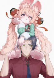 1boy 1girl animal_ears carrying_over_shoulder carrying_person damian_blackwood long_hair rabbit_ears short_hair zenless_zone_zero zhao_(zenless_zone_zero)