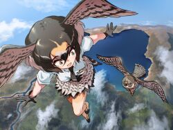  1girl animal bird bird_tail bird_wings black_hair blue_sky boots commentary falcon feathered_wings gloves head_wings highres japari_symbol kemono_friends mcgunngu necktie outdoors peregrine_falcon_(kemono_friends) shirt short_hair skirt sky tail wings yellow_eyes 