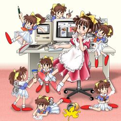  1990s_(style) 1girl absurdres apple_inc. apron blue_shirt bow brown_eyes brown_hair clone closed_mouth commentary_request computer computer_keyboard computer_mouse computer_tower crayon crayon_drawing crt cup desk drawing_(action) drawing_(object) dress frilled_apron frills hair_bow hand_to_own_mouth hand_up highres holding holding_crayon holding_cup holding_paintbrush holding_pencil holding_scissors jumping layered_dress layered_skirt looking_at_another lying macintosh macintosh_128k medium_hair minakami_marin mini_person minigirl monitor multiple_views neckerchief on_floor on_stomach on_stool open_mouth original pac-man_eyes paint_can paintbrush paper pencil pink_dress pink_slippers pleated_skirt ponytail puffy_short_sleeves puffy_sleeves red_neckerchief red_shoes retro_artstyle sailor_collar scissors shirt shoes short_sleeves sitting skirt slippers smile socks spill standing stool tea through_medium through_screen white_apron white_sailor_collar white_skirt white_socks winding_key window_(computing) yellow_bow yunomi zenmai-chan 