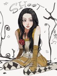  1girl black_shoes blush chaeyoung_(twice) commentary dress elbow_gloves flower gloves grey_dress grey_eyes hand_on_own_leg high_heels highres k-pop long_hair looking_to_the_side miyosu mole mole_under_mouth orange_lips real_life red_flower red_rose rose shoes sitting solo striped_clothes striped_gloves symbol-only_commentary twice_(group) wariza yellow_gloves 