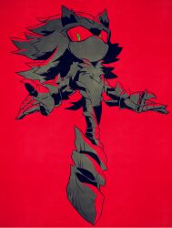  1boy chest_fur colored_sclera commentary english_commentary full_body furry furry_male gareki_sh green_eyes looking_at_viewer male_focus mephiles_the_dark monochrome no_feet no_mouth no_nose red_background red_sclera red_theme simple_background sonic_(series) sonic_the_hedgehog_(2006) spiky_hair spot_color 