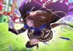  1girl 2006 arima_kinen black_thighhighs blue_eyes blurry blurry_background brown_hair brown_skirt cape deep_impact_(umamusume) dutch_angle feathers full_body gloves grass high_heels horse_racing_track long_hair quatraise running skirt solo thigh-highs twitter_username umamusume white_gloves 