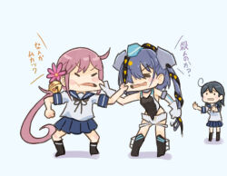  3girls ahoge akebono_(kancolle) aqua_hat ballet_boots bell black_one-piece_swimsuit commentary_request competition_swimsuit flower garrison_cap grabbing_another's_face hair_bell hair_flower hair_ornament hat head_grab historical_connection kantai_collection multiple_girls one-piece_swimsuit saiguchi_otoufu scamp_(kancolle) school_uniform serafuku shorts side_ponytail star_(symbol) star_hair_ornament swimsuit ushio_(kancolle) white_shorts 
