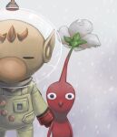  1boy big_nose black_eyes brown_hair buttons closed_eyes clouds cloudy_sky colored_skin commentary_request crack flower gloves height_difference helmet looking_at_viewer naru_(wish_field) no_mouth olimar patch pikmin_(creature) pikmin_(series) pointy_ears pointy_nose radio_antenna red_gloves red_pikmin red_skin short_hair sky snowing space_helmet spacesuit very_short_hair white_flower 