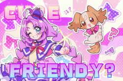  1girl :3 :d ;d ? ahoge aka_tsy akechi_anna blue_eyes blush_stickers bow bow_background bow_earrings braid brooch brown_fur capelet character_name chest_bow chinese_commentary color_connection colorful_background commentary cosplay cure_answer cure_friendy cure_friendy_(cosplay) curtained_hair deerstalker dog dot_nose dress dress_bow earrings english_text frilled_wrist_cuffs frills gradient_text grin hairband hand_up hat hat_ornament heart heart_background heart_brooch heart_hat_ornament highres in-franchise_crossover index_finger_raised inukai_komugi inukai_komugi_(dog) jewelry layered_dress long_hair looking_at_viewer low-tied_long_hair low_twin_braids magical_girl meitantei_precure! mini_hat multicolored_bow one_eye_closed open_mouth outline pact_holder papillon_(dog) patterned_background pawpads pink_bow pointing pointing_forward polka_dot polka_dot_background pouch precure purple_capelet purple_dress purple_hair purple_hairband purple_hat purple_wrist_cuffs red_eyes short_dress sidelocks sleeveless sleeveless_dress smile sparkle_background striped_bow tilted_headwear translated twin_braids upper_body very_long_hair white_outline wonderful_pact wonderful_precure! wrist_cuffs 