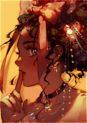  1girl bare_shoulders blue_eyes bow bracelet brown_hair choker commentary_request cropped dark-skinned_female dark_skin dolores_madrigal earrings encanto finger_to_mouth gradient_background hair_bow jewelry kawacy necklace portrait red_bow ring tan tanlines yellow_theme 