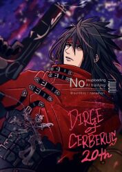  1boy anniversary belt belt_buckle black_gloves black_hair black_jacket blurry blurry_background buckle cape cloak commentary_request dirge_of_cerberus:_final_fantasy_vii final_fantasy final_fantasy_vii gloves gun headband holding holding_gun holding_weapon jacket long_hair looking_at_viewer male_focus nanamori_(svnthzc) parted_lips red_cape red_cloak red_headband solo spiky_hair upper_body vincent_valentine weapon 