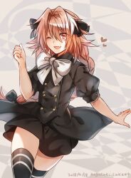  1boy androgynous astolfo_(apocrypha_epilogue)_(fate) astolfo_(fate) bad_id bad_twitter_id black_bow black_dress black_thighhighs bow bowtie braid cowboy_shot dress fang fate/apocrypha fate_(series) hair_bow highres large_bow light_blush male_focus multicolored_hair multiple_hair_bows nagatsuki_take pink_eyes pink_hair signature single_braid skin_fang solo streaked_hair thigh-highs trap white_bow white_bowtie 