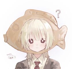 1boy ? arms_at_sides blush brown_cardigan brown_eyes cardigan doodle_inset food food-themed_hat food_on_head hashtag-only_commentary highres looking_at_viewer male_focus necktie object_on_head portrait red_necktie saihate_eki simple_background smile solo straight-on taiyaki tatsunami_shion thai_text translation_request ttyyuwwuw wagashi white_background white_hair 