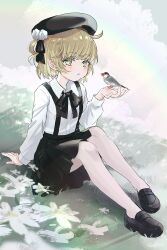  1girl animal animal_on_hand arm_support beret bird black_bow black_hat black_shoes black_skirt blue_sky bow brown_eyes brown_hair clouds cloudy_sky collared_shirt commentary_request day dress_shirt flower full_body hand_up hat hat_flower hatoba_tsugu highres loafers long_sleeves on_grass outdoors pantyhose parted_lips pleated_skirt puffy_long_sleeves puffy_sleeves rainbow rose sha2mo shirt shoes skirt sky solo suspender_skirt suspenders tsugu_(vtuber) virtual_youtuber white_flower white_pantyhose white_rose white_shirt 