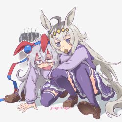 2girls ahoge animal_ears blue_eyes blue_hairband blush bow bowtie carrying commentary ear_covers ear_ornament english_commentary exhausted food food_in_mouth giragira_egao grey_hair grey_tail hair_between_eyes hair_ornament hairband headband horse_ears horse_girl horse_tail long_hair long_sleeves multicolored_hair multicolored_hairband multiple_girls oguri_cap_(umamusume) piggyback pleated_skirt purple_sailor_collar purple_serafuku purple_shirt purple_skirt purple_thighhighs red_headband sailor_collar sailor_shirt school_uniform serafuku shirt shoes skirt striped_clothes striped_hairband sweat tail tamamo_cross_(umamusume) thigh-highs thighs tracen_school_uniform two-tone_hairband umamusume umamusume:_cinderella_gray white_bow white_bowtie 