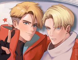  2boys arm_around_shoulder arm_up artist_name black_shirt blonde_hair blue_coat brothers closed_mouth coat commentary crossed_fingers english_commentary gloves hair_down highres kookirani looking_at_viewer male_focus millions_knives multiple_boys parted_hair parted_lips partially_fingerless_gloves red_coat shirt short_hair short_sideburns siblings sideburns smile star_(symbol) trigun trigun_stampede turtleneck twins two-sided_coat two-sided_fabric undercut upper_body vash_the_stampede white_shirt 