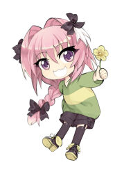  1boy :3 :d androgynous astolfo_(fate) aweto black_garter_straps black_shoes black_shorts braid chara_(undertale) chara_(undertale)_(cosplay) commentary cosplay deformed english_commentary eyelashes fate/apocrypha fate_(series) flower garter_straps hair_intakes male_focus multicolored_hair shoes shorts simple_background single_braid single_horizontal_stripe smile solo streaked_hair undertale utdr_(toby_fox) violet_eyes white_background white_mouth yellow_flower 