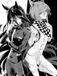  2girls agnes_tachyon_(umamusume) ahoge animal_ears commentary_request cosplay danganronpa_(series) danganronpa_v3:_killing_harmony gakuran greyscale hair_between_eyes highres horse_ears horse_girl index_finger_raised long_bangs long_hair looking_at_viewer manhattan_cafe_(umamusume) monochrome multiple_girls oma_kokichi oma_kokichi_(cosplay) red_eyes saihara_shuichi saihara_shuichi_(cosplay) scarf school_uniform seia_paroro short_hair smile umamusume yellow_eyes 