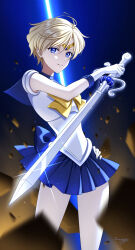  1girl back_bow bishoujo_senshi_sailor_moon blonde_hair blue_bow blue_eyes blue_skirt blue_theme bow circlet commentary_request cowboy_shot earrings floating_rock glint gloves gold_circlet hand_on_own_hip highres holding holding_sword holding_weapon jewelry looking_at_viewer magical_girl parted_lips reverse_grip revision sailor_senshi sailor_senshi_uniform sailor_uranus short_hair signature skirt solo space_sword star_(sky) starry_sky_background sword ten'ou_haruka tsumagari_yuki weapon white_gloves yellow_bow 