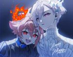  2boys black_shirt blue_background blue_collar brothers collar fangs fire_halo grey_background halo highres hitotose_rinne idolish7 kujou_tenn multicolored_background multiple_boys nanase_riku open_mouth parted_lips pink_eyes pink_hair red_eyes redhead shirt short_hair siblings smile teeth twins white_shirt 