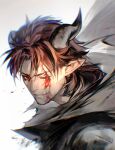  1boy absurdres arknights black_cape bleeding blood cape demon_horns facial_hair highres hoederer_(arknights) horns injury looking_at_viewer male_focus mayaaaaaaaax_x one_eye_closed parted_lips pointy_ears red_eyes redhead scar scar_across_eye short_hair solo stubble 