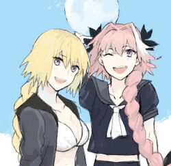  1boy 1girl androgynous astolfo_(fate) bikini black_bow black_serafuku blonde_hair bow braid fang fate/apocrypha fate/grand_order fate_(series) hair_bow hair_intakes jeanne_d'arc_(fate) long_hair madara-ame multicolored_hair open_mouth pale_skin pink_hair school_uniform serafuku single_braid sketch smile streaked_hair swimsuit upper_body violet_eyes white_bikini white_hair 