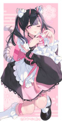  1boy :p absurdres animal_ear_fluff bag blunt_bangs cho_kaguya-hime! commentary_request crossdressing crossdressing_(mtf) feet_out_of_frame full_body hand_up heart heart-shaped_pupils heart_hands highres japanese_clothes kimono komazawa_noi leg_warmers legband long_hair looking_at_viewer multicolored_hair one_eye_closed pink_eyes pink_kimono shoes streaked_hair symbol-shaped_pupils tail tongue tongue_out twintails twitter_username yuiitsu 