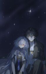  .osari 1boy 1girl amane_luna_(vtuber) black_hair black_jacket closed_mouth colored_eyelashes dress grey_hair grey_shirt hair_between_eyes hair_ornament hair_over_one_eye head_on_another's_shoulder highres id_card jacket long_hair male_rover_(wuthering_waves) mornye_(wuthering_waves) night outdoors purple_dress red_eyes rover_(wuthering_waves) shirt signature sky smile star_(sky) starry_sky white_jacket wuthering_waves yellow_eyes 