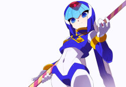  1girl armor blue_armor blue_eyes blue_helmet commentary_request cowboy_shot fairy_leviathan_(mega_man) forehead_jewel helmet holding holding_polearm holding_weapon kaidou_zx mega_man_(series) mega_man_zero_(series) polearm simple_background solo weapon white_background 
