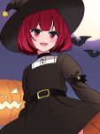  1girl arima_kana bat_(animal) black_dress black_headwear bob_cut bokutaaaa dress halloween halloween_costume hat highres inverted_bob light_blush open_mouth oshi_no_ko pumpkin red_eyes redhead short_hair smile solo witch_hat 