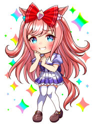  1girl agnes_digital_(umamusume) animal_ears blue_eyes blush bow bowtie breasts chibi chibi_only collarbone commentary_request full_body hair_bow highres horse_ears horse_girl horse_tail long_hair looking_at_viewer open_mouth pink_hair pleated_skirt puffy_short_sleeves puffy_sleeves purple_bow purple_bowtie purple_shirt red_bow sailor_collar sailor_shirt school_uniform shirt shoes short_sleeves skirt smile solo sugimotty_nova tail thigh-highs tracen_school_uniform umamusume white_sailor_collar white_skirt white_thighhighs zettai_ryouiki 