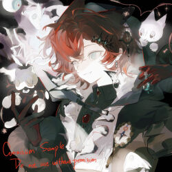  1boy absurdres bottle brooch commission crossed_bangs earrings fang fang_out gem gloves grey_eyes hair_between_eyes hair_intakes hair_ornament highres holding holding_bottle jewelry liangzhi_mian_gou long_sleeves looking_afar male_focus mihuashi_commission mini_bottle original pale_skin red_gem red_gloves red_hair sample_watermark short_hair sidelocks solo square watermark 