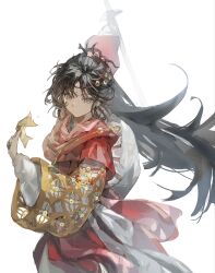  1girl between_fingers black_hair blue_eyes chinese_clothes facial_mark floating_hair forehead_mark hair_branch hair_bun hand_up hanfu hat_on_back highres holding holding_sword holding_weapon jian_(weapon) layered_sleeves long_hair long_sleeves looking_at_viewer ofuda ofuda_between_fingers paper_heron red_hanfu reverse:1999 short_over_long_sleeves short_sleeves solo sword upper_body weapon weimao white_background yu_ye_gong_wu 