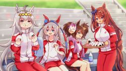  4girls ahoge animal_ears blue_bow blue_eyes blue_hairband blush bottle bow braid breasts brown_hair closed_mouth commentary_request ear_bow ear_covers ear_ornament eating food food_on_face fox_mask glutton green_eyes grey_hair grey_tail gym_shirt hair_between_eyes hair_ornament hairband headband highres holding holding_towel holding_tray horse_ears horse_girl horse_tail inari_one_(umamusume) jacket large_breasts long_hair long_sleeves mask mask_on_head mokuroo multicolored_hair multicolored_hairband multiple_girls oguri_cap_(umamusume) onigiri open_mouth pants red_headband red_jacket red_pants red_shorts red_track_suit shirt shorts sleeves_rolled_up small_breasts smile streaked_hair striped_clothes striped_hairband super_creek_(umamusume) tail tamamo_cross_(umamusume) tongue tongue_out towel towel_around_neck tracen_training_uniform track_jacket track_pants track_suit tray twintails two-tone_hairband umamusume very_long_hair water_bottle white_hair white_shirt 