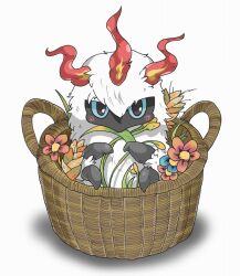  2011 basket blue_eyes blush commentary_request flower larvesta looking_at_viewer pokemon pokemon_(creature) solo white_fur yata-nepia 