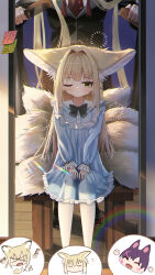  1boy 2girls absurdres animal_ears arknights blonde_hair blue_dress brushing_another's_hair brushing_hair chinese_commentary commentary_request dress flyshadow fox_ears fox_girl fox_tail frills green_eyes hair_brush highres kitsune long_hair long_sleeves mother_and_daughter multiple_girls multiple_tails one_eye_closed sitting suzuran's_father_(arknights) suzuran_(arknights) tail vulpisfoglia_(arknights) 