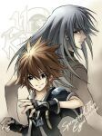  2boys back-to-back black_gloves black_jacket black_shirt blue_eyes brown_hair chain_necklace commentary eguana facing_away facing_viewer fingerless_gloves gloves grey_eyes grey_hair hand_up jacket jewelry kingdom_hearts kingdom_hearts_ii long_hair looking_back male_focus multiple_boys necklace riku_(kingdom_hearts) shirt short_hair short_sleeves simple_background sleeveless smile sora_(kingdom_hearts) spiky_hair vest white_vest 