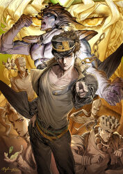  6+boys b.c.n.y. boston_terrier chain cherry_earrings commentary dio_brando dog earrings english_commentary flattop food-themed_earrings gakuran hat highres iggy_(jojo) jean_pierre_polnareff jewelry jojo_no_kimyou_na_bouken jojo_pose joseph_joestar joseph_joestar_(old) kakyoin_noriaki kujo_jotaro kujo_jotaro's_pose mixed-language_commentary mohammed_avdol multiple_boys school_uniform signature stand_(jojo) stardust_crusaders stud_earrings tall_hair terrier_(dog) twitter_username 