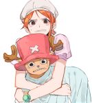  antlers bad_id bad_twitter_id black_eyes brown_eyes clenched_teeth commentary_request cross eyelashes hat hug joman korean_commentary log_pose looking_at_viewer nami_(one_piece) one_piece orange_hair pink_shirt puffy_short_sleeves puffy_sleeves reindeer_antlers shirt short_hair short_sleeves simple_background single_sidelock sweatdrop teeth tony_tony_chopper white_background 