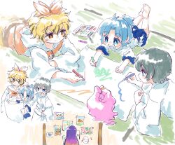  +++ 1boy 4girls aged_down alternate_costume barefoot black_hair blonde_hair blue_eyes blue_hair blush child closed_mouth colored_pencil drawing_(action) drawing_(object) facing_away from_behind gradient_hair green_eyes green_hair grin highres hijiri_byakuren holding holding_pencil japanese_clothes kimono kumoi_ichirin long_hair long_sleeves lying multicolored_hair multiple_girls murasa_minamitsu on_stomach pencil purple_hair short_hair smile spoken_smile streaked_hair suteruko toes toramaru_shou touhou unzan white_kimono wide_sleeves yellow_eyes 