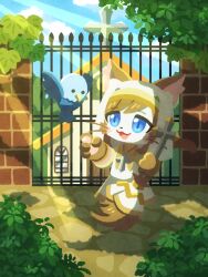  1girl :3 animal_ears animal_hands bird blonde_hair blue_eyes brick_wall bush cat_busters cat_ears cat_girl cat_tail chibi chibi_only chibikemo church claire_(cat_busters) commentary_request cross cross_necklace full_body furry furry_female gate highres holding holding_cross jewelry light_rays long_sleeves medium_hair necklace no_lineart nun oceannuts open_mouth outdoors pawpads plant robe sky solo tail traditional_nun whiskers white_robe 