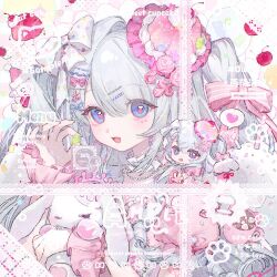  1girl bead_necklace beads blue_eyes blush bow candy cherry chibi chibi_inset choker crown dessert eyelashes fang food food-themed_hat frilled_choker frilled_sleeves frills fruit fruit_hat_ornament gem gummy_bear hair_ornament hairpin hat hat_ornament heart highres holding holding_food image_sample jewelry juzi_doubanjiang long_sleeves looking_at_viewer mihuashi_sample mini_hat multiple_views necklace open_mouth original pearl_(gemstone) pearl_necklace pink_bow pink_crown pink_pupils pink_wrist_cuffs polka_dot puffy_short_sleeves puffy_sleeves sample_watermark short_sleeves square star_(symbol) sticker stuffed_animal stuffed_rabbit stuffed_toy tongue too_many_watermarks two_side_up upper_body watermark white_bow white_choker wrist_cuffs 