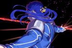  1boy armor black_background blue_bodysuit bodysuit cu_chulainn_(fate) cu_chulainn_(fate/stay_night) fate/stay_night fate_(series) from_side gae_bolg_(fate) hal_(haaaalhal) long_hair looking_back male_focus outstretched_arms parted_lips polearm red_eyes shattered shoulder_armor simple_background solo spear weapon 