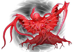  1other alien colored_skin commentary full_body giant giant_monster kaiju looking_at_viewer no_humans nova_(ultra_series) open_mouth outstretched_arms plant_roots pustules red_skin redesign scythe shoulder_spikes spikes spiral_background spread_arms tekkotsu_robocon tentacles triangle_mouth ultra_series ultraman_leo_(series) veins white_background 