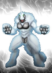  1girl aura black_skin body_fur colored_skin commentary_request eyelashes full_body giant giant_monster green_eyes horns kaette_kita_ultraman kaiju looking_at_viewer muscular muscular_female no_humans no_pupils open_mouth outstretched_arms patterned_background sharp_teeth single_horn snowgon solo spread_arms standing tail teeth tekkotsu_robocon tokusatsu tongue ultra_series white_fur 