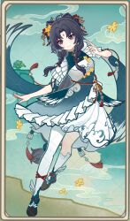  1girl 40dujiu absurdres animal_ears asymmetrical_legwear bell black_eyes black_hair blue_dress blue_eyes bow-shaped_hair braid chinese_clothes chinese_commentary closed_mouth commentary_request dress facial_mark flower forehead_mark frills full_body genius_invokation_tcg_(style) hair_ornament highres huadian kneehighs long_hair looking_at_viewer mole mole_under_eye original parted_bangs red_pupils shoes single_kneehigh single_sock single_thighhigh smile socks solo tassel thigh-highs twin_braids watermark white_dress 