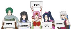  1boy 4girls :d ;d absurdres arms_up astrid_(fire_emblem) black_hair commission commissioner_upload estelle_(loneshadowstar) fingerless_gloves fire_emblem fire_emblem:_radiant_dawn fire_emblem_heroes gloves grin highres holding holding_sign maji_(majibomber) marcia_(fire_emblem) micaiah_(fire_emblem) multiple_girls non-web_source one_eye_closed open_mouth original pink_hair ponytail short_hair sign smile sothe_(fire_emblem) v white_hair yune_(fire_emblem) 