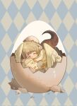  1girl argyle argyle_background blonde_hair character_doll chibi chimera closed_eyes dragon_girl dragon_tail dungeon_meshi egg eggshell eggshell_hat falin_thorden feathered_wings happy hatching highres hugging_doll hugging_object koucailiao1 laios_thorden light_brown_hair monster_girl short_hair solo spoilers stuffed_toy tail two-tone_background wings 