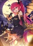  +_+ 1girl bare_shoulders bare_tree bat_(animal) bat_wings black_dress black_gloves black_thighhighs blush bow_legwear breasts building candy demon_tail detached_sleeves dress food full_moon gloves halloween head_wings highres holding holding_candy holding_food holding_lollipop jack-o&#039;-lantern lollipop long_hair looking_at_viewer medium_breasts moon night open_mouth original outdoors pointy_ears pumpkin red_eyes redhead sitting sky smile solo star_(sky) starry_sky tail thigh-highs tree very_long_hair wasabi60 wings 